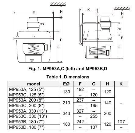 V5013N1055/MP953D5025气动三通调节阀尺寸图