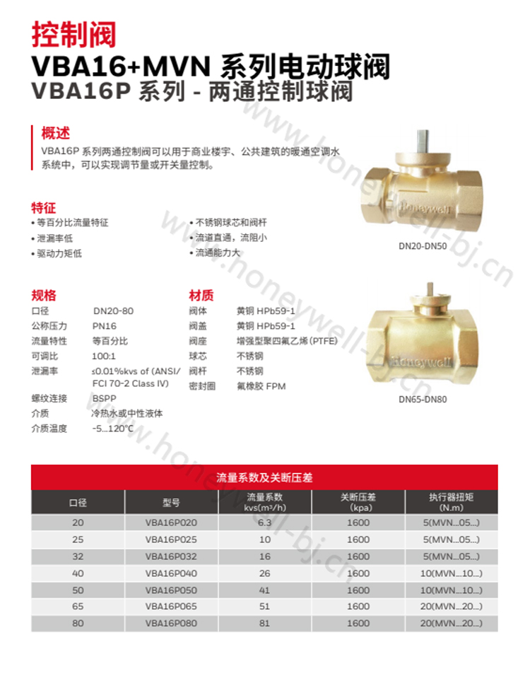 动二通控制阀可以用于商业楼宇、公共建筑的暖通空调水系统中,可以实现调节量或开关量控制。. 特征. • 等百分比流量特征. • 泄漏率低. • 驱动力矩低. • 不锈钢球芯和阀杆. • 流道直通,流阻小.