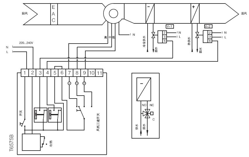 电动二通阀在(四管式 冷/热水盘管独立)风机盘管控制系统的安装示意图(二)